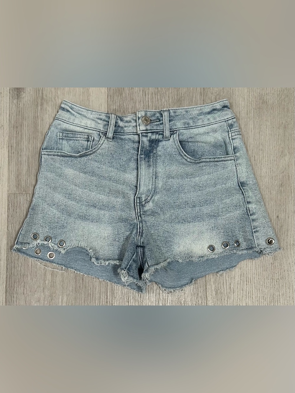 Light Wash Denim Shorts with Grommet Detail
